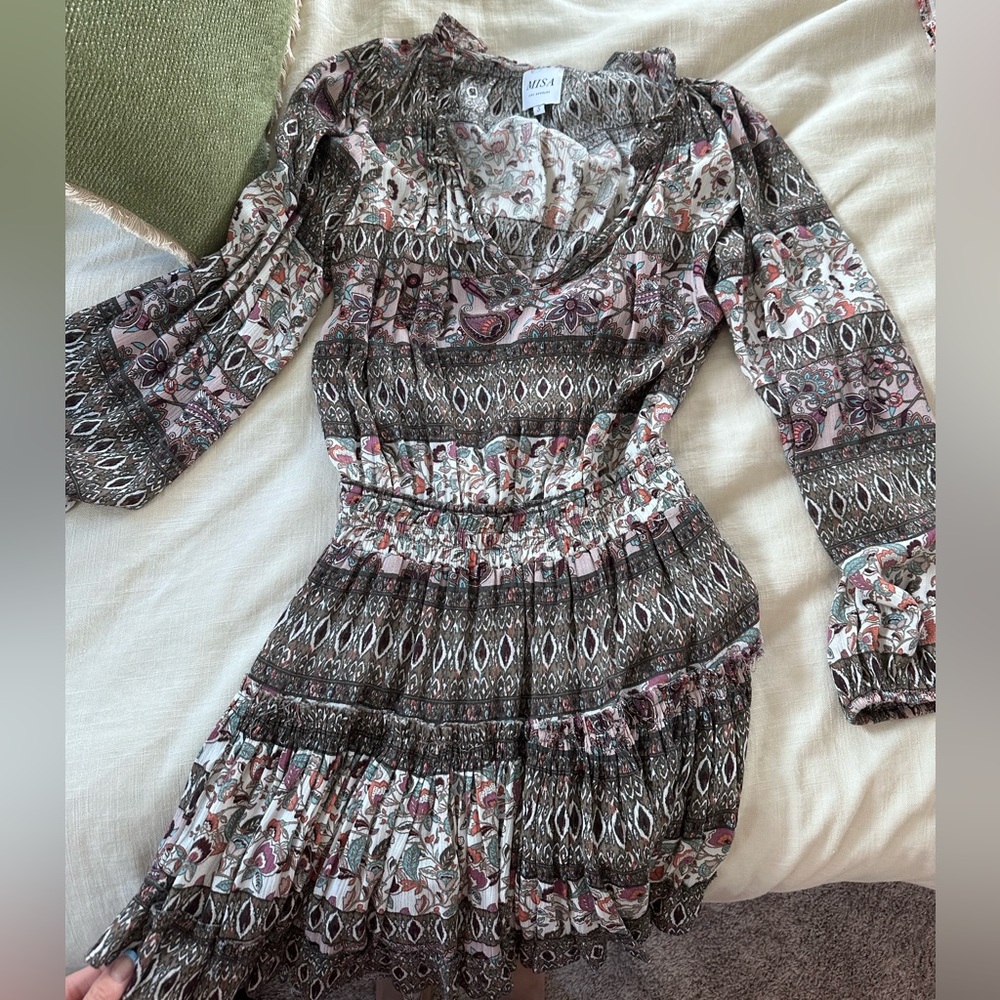 MISA Los Angeles Floral Split-Neck Flowy Mini Dress Small